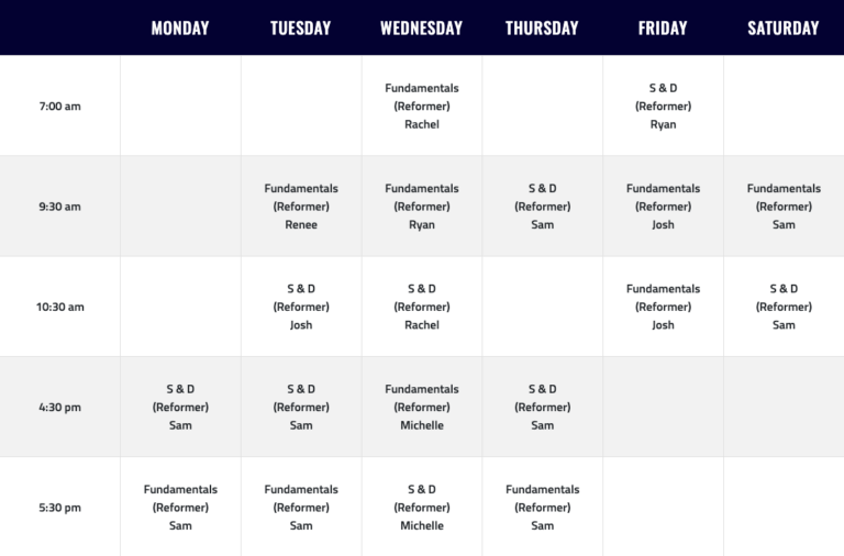 Pilates Calendar